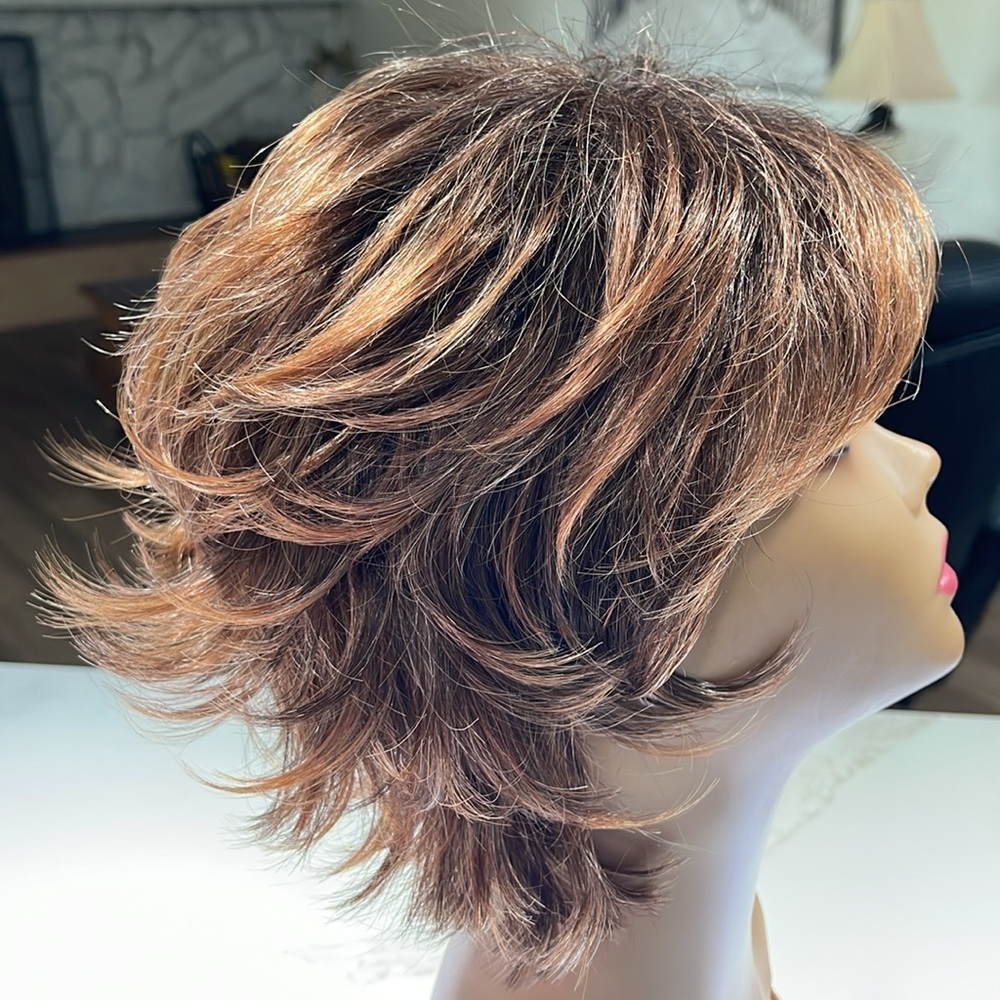HAIR, Longer Pixie cut with Bangs, Eyelashes included, Free Part Auburn